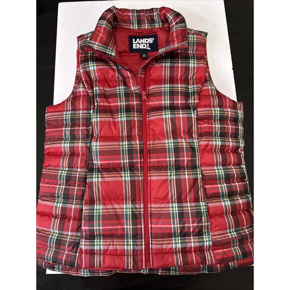 Lands End Women's Red Plaid Down Puffer Vest Size M 10-12 EUC Holiday - Picture 1 of 14